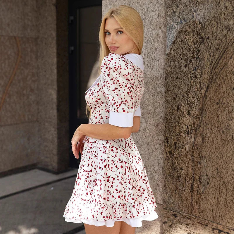 Printed Short Sleeve High Waist Mini Dress