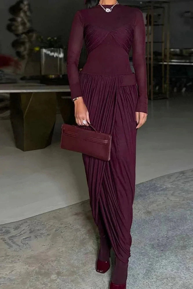 Elegant High Waist O-Neck Pleated Irregular Maxi Dress