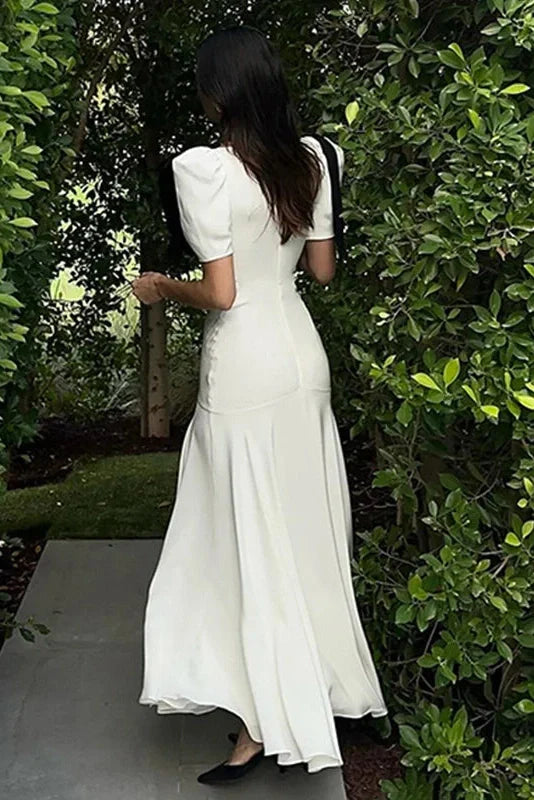 Elegant Lace Up Puff Sleeve V Neck Maxi Dress
