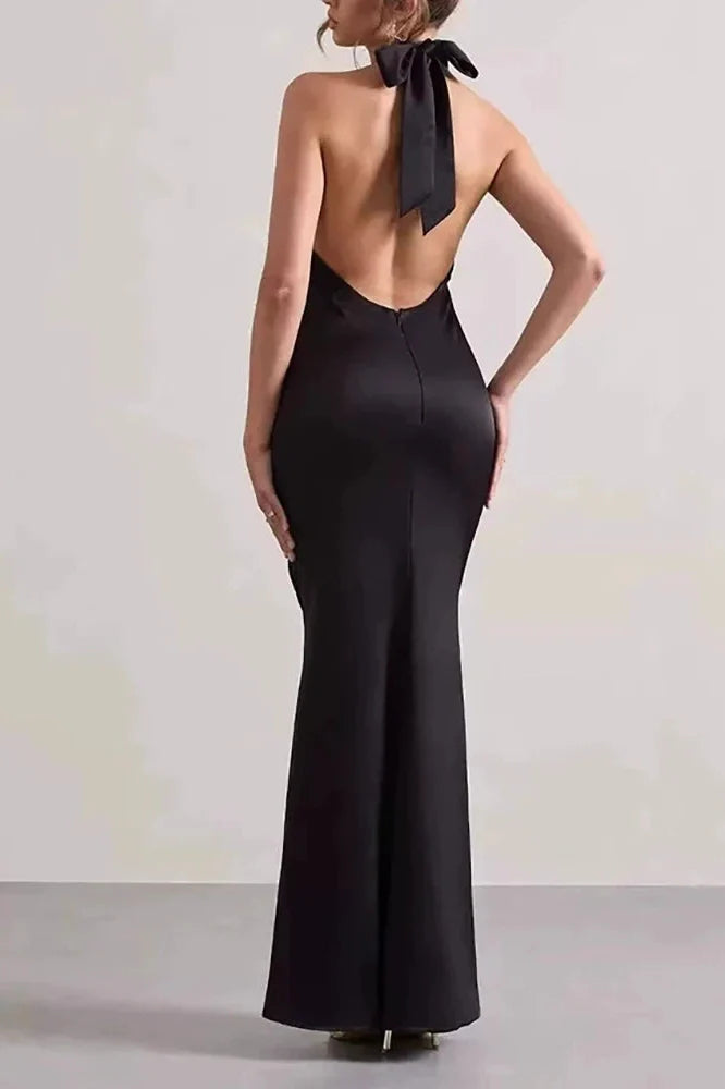 Off Shoulder High Waist Pleated Backless Slim Maxi Dress