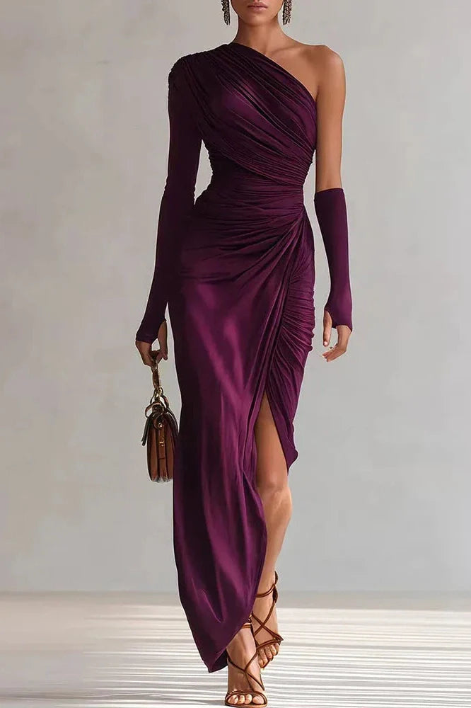 Elegant One-Shoulder High Waist Pleated Slim Slash Collar Maxi Dress