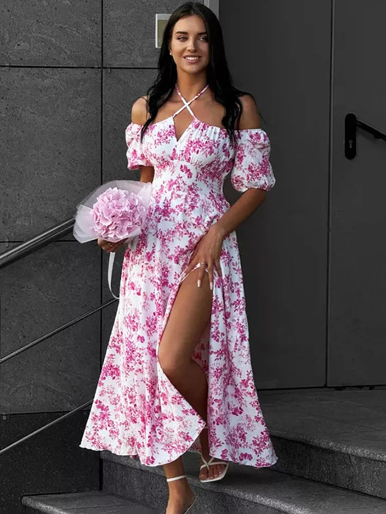 Off Shoulder Lace Up Patchwork Print Maxi Dress