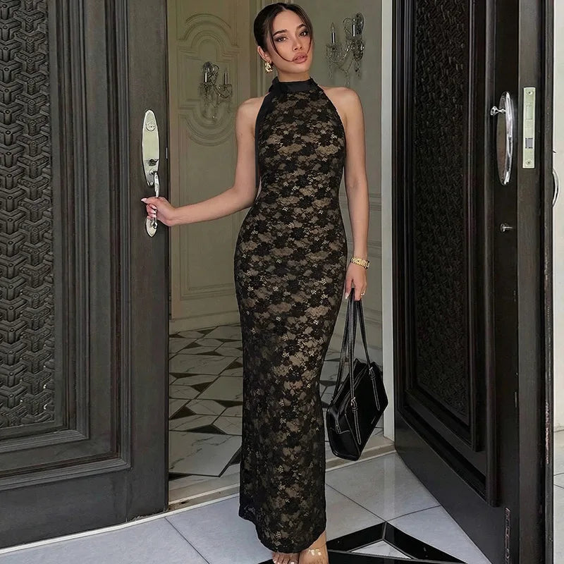 Lace Backless High Waist Slim Maxi Dress