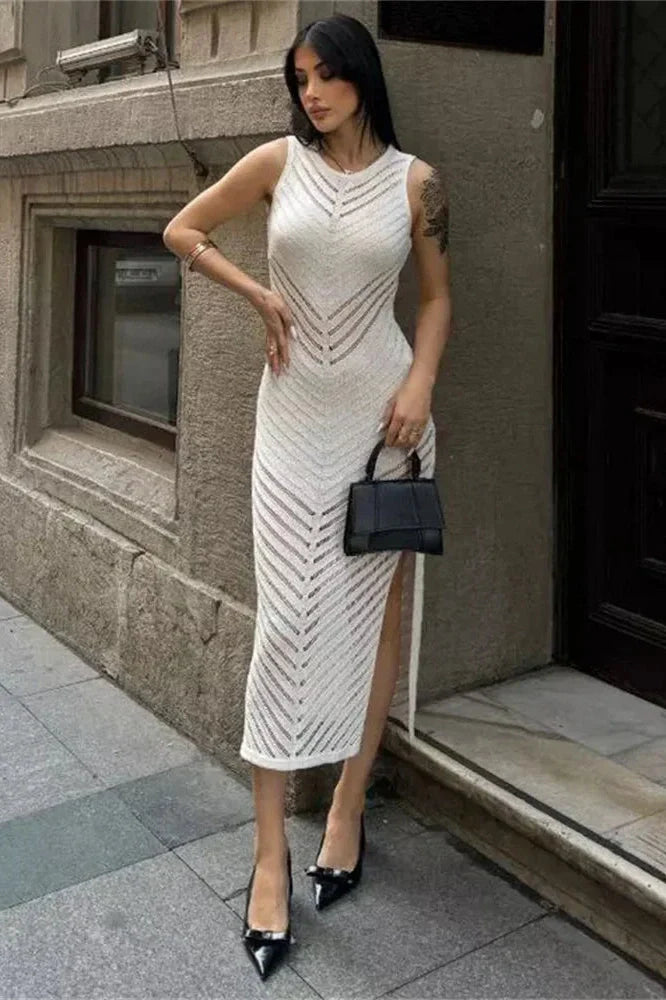 Hollow Out Patchwork High Waist Sleeveless Maxi Dress