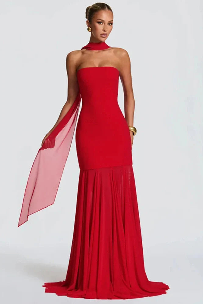 Off-Shoulder Strapless Scarf Collar Sleeveless Backless Bodycon Maxi Dress