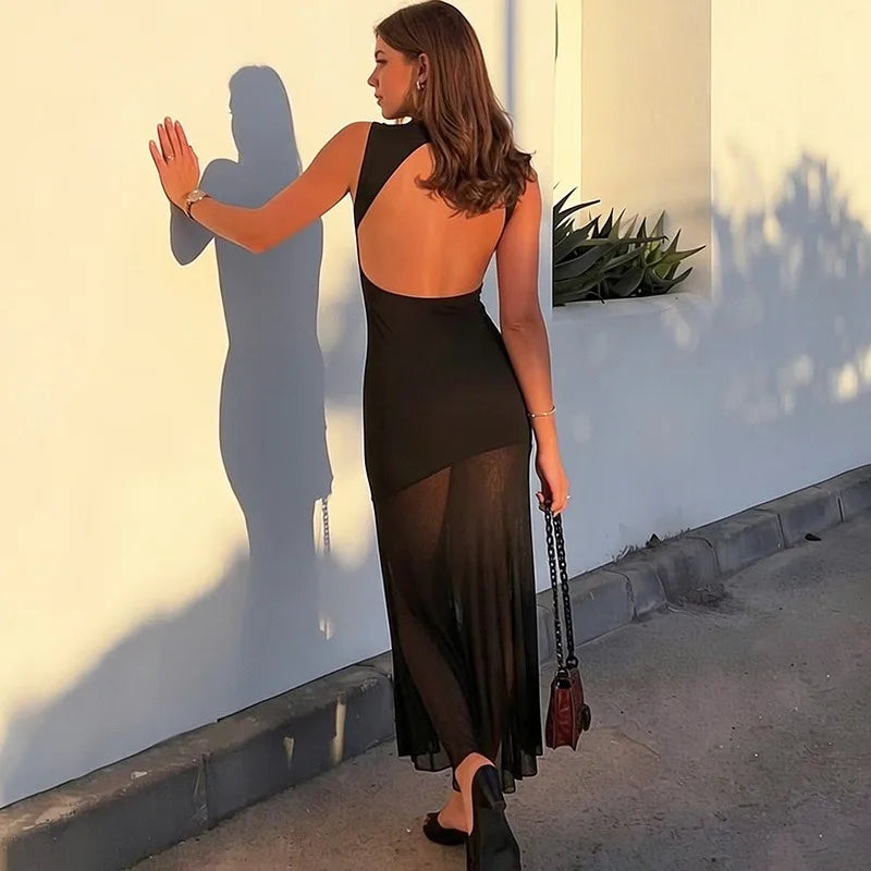 Backless See Through Patchwork Maxi Dress