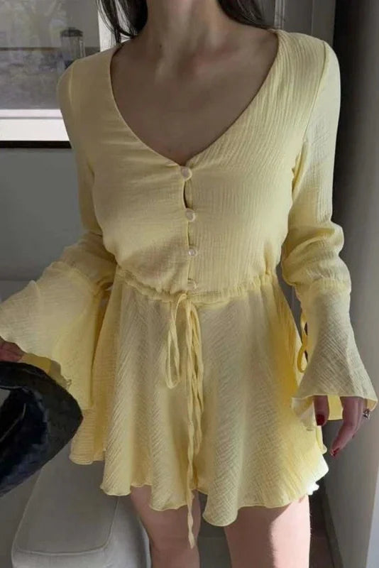 Flared-Sleeve V-Neck Lace-Up Button A-Line Mini Dress