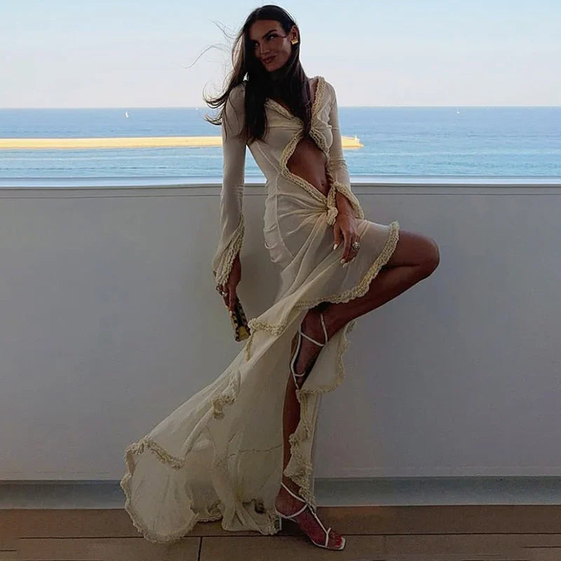 Hollow Out Long Sleeve V Neck Slim Maxi Dress