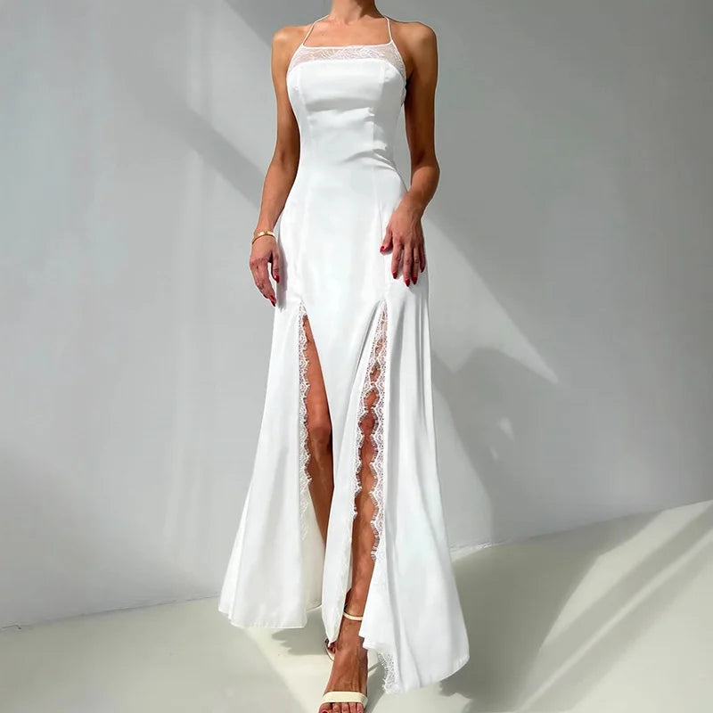 Sleeveless Printed Lace Slit Maxi Dress