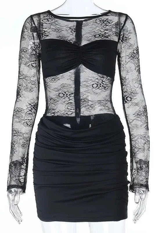 Lace Hollow-Out Slim Backless Pleated Mini Dress