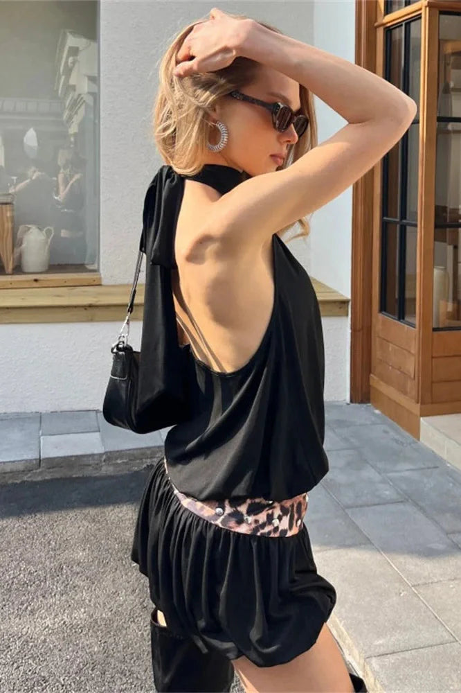 Backless High Waist Off-Shoulder Patchwork Mini Dress