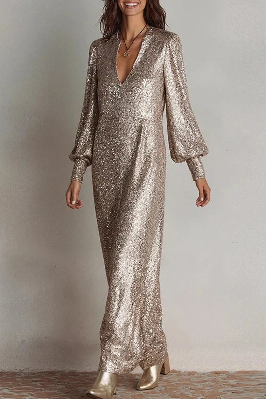 Elegant Long Sleeve V Neck Maxi Dress