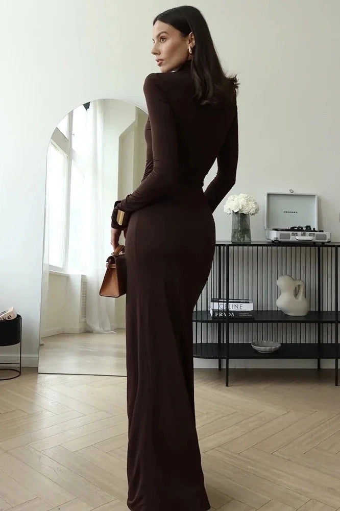 Turtleneck Long Sleeve High Split Maxi Dress