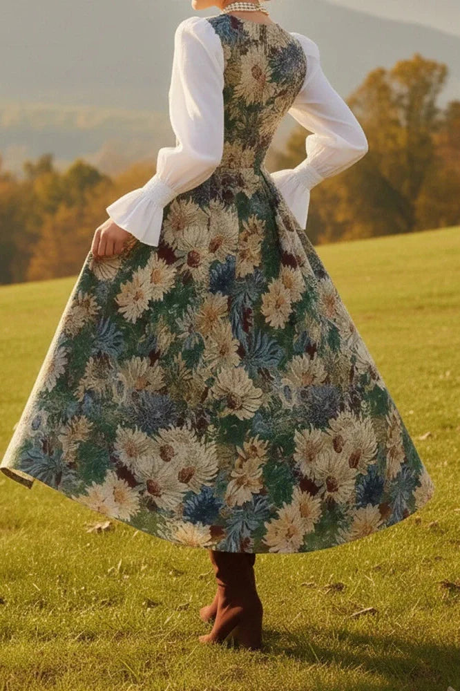 Elegant High Waist Pleated V-Neck Printed Midi Dress