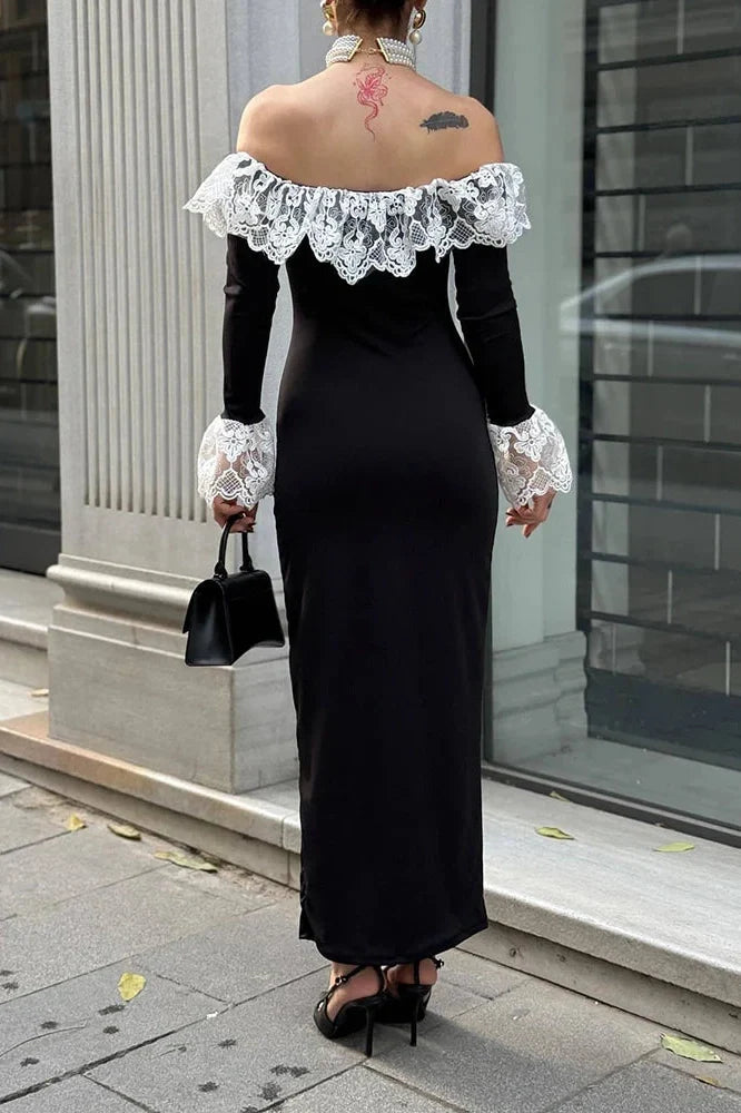 Elegant Off-Shoulder High Waist Long Sleeve Lace Maxi Dress