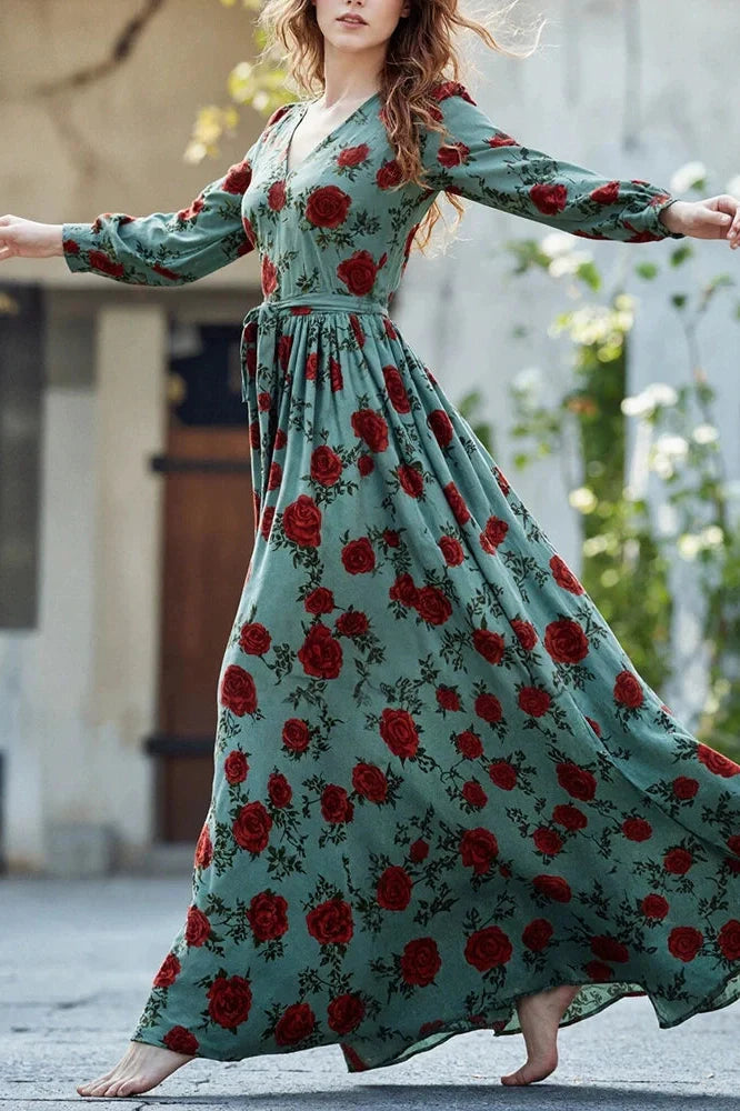 Elegant Long Sleeve Slim Pleated V-Neck Printed Maxi Dress