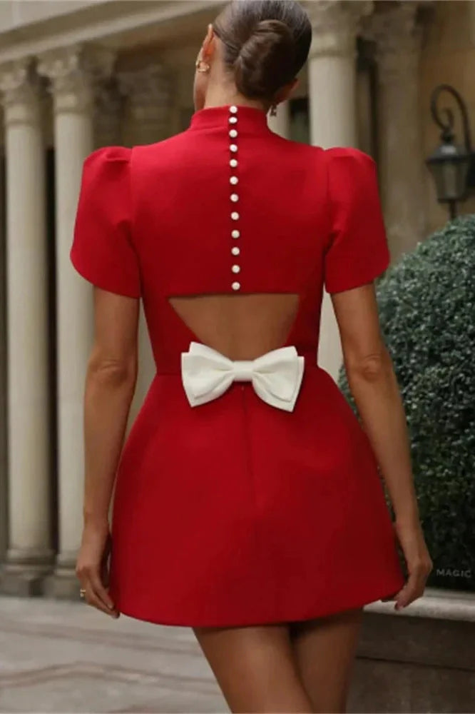 Hollow Out Backless Short Sleeve Patchwork Mini Dress