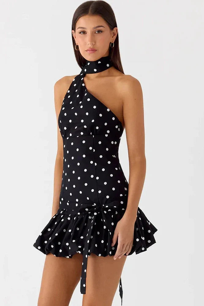 Polka Dot Backless Off-Shoulder Sleeveless Mini Dress
