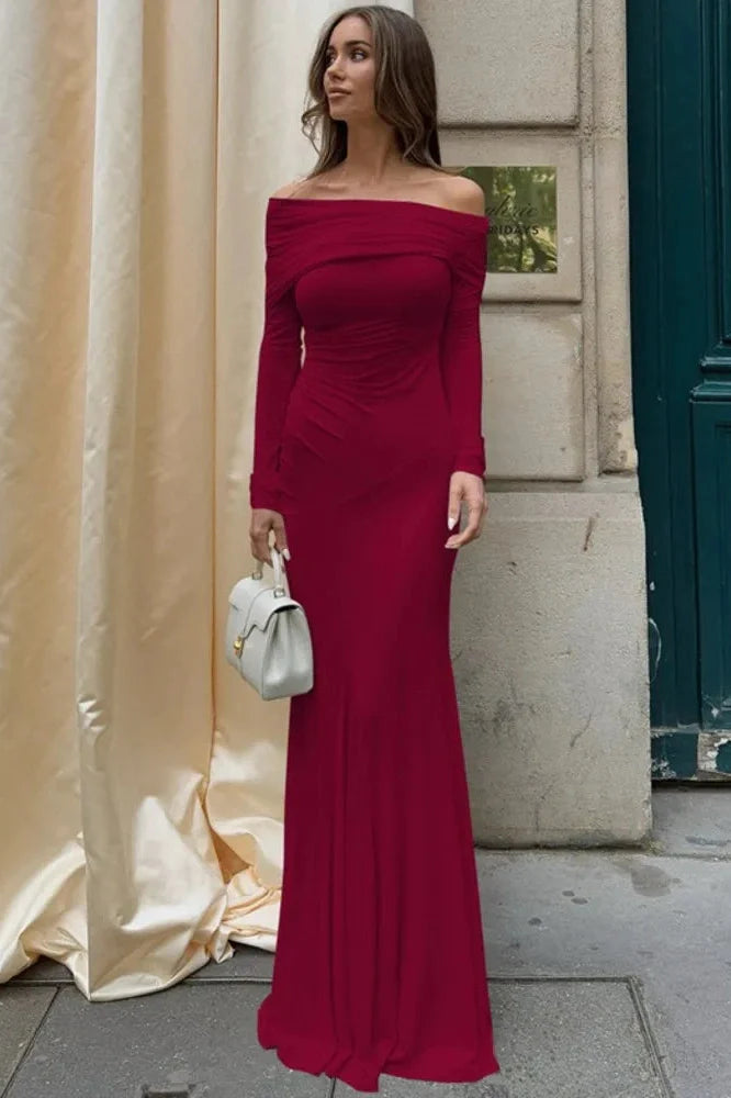 Inclined Shoulder Long Sleeve Strapless High Waist Bodycon Maxi Dress