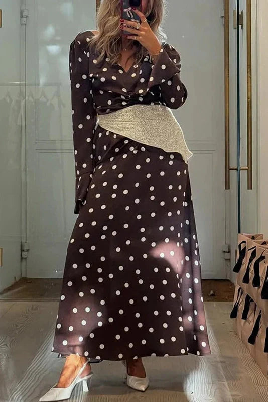 Long Sleeve V-Neck Printed Pleated Maxi Dress