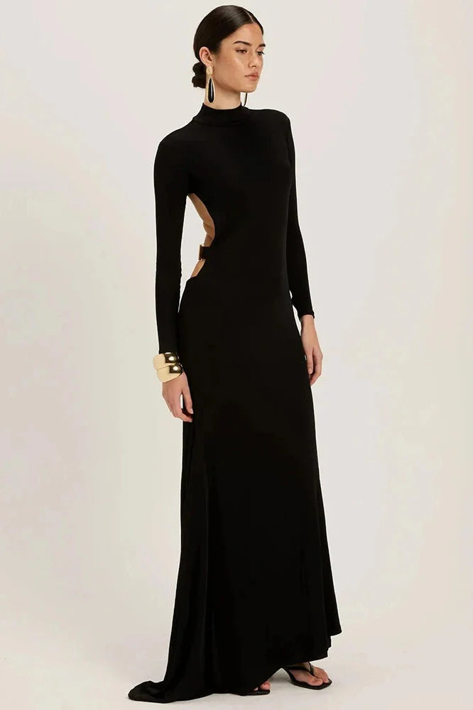 Backless Long Sleeve High Collar Bodycon Maxi Dress