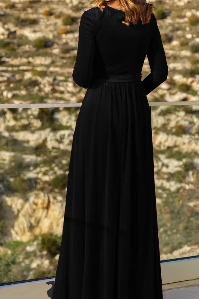 V-Neck  Pleated High Waist A-Line Maxi Dress
