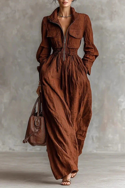 Elegant Pleated High Waist Long Sleeve Zipper Maxi Dress