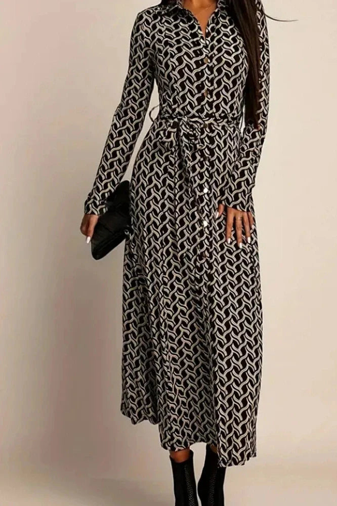 Printed High Waist Long Sleeve Pleat Midi Dress