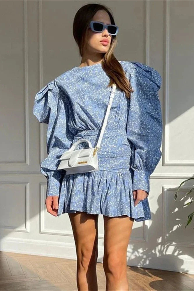 Printed Long Sleeve Pleated Patchwork Slim Mini Dress