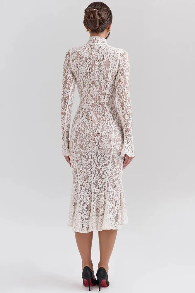 Lace Long Sleeve High Waist Bodycon Midi Dress