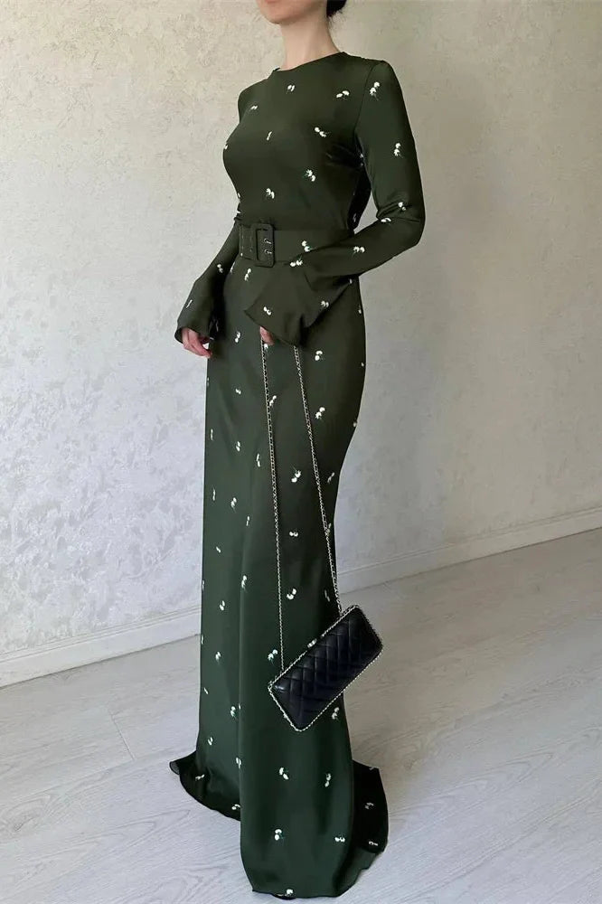 Long Sleeve Slim Patchwork Printed High Waist Maxi Dress