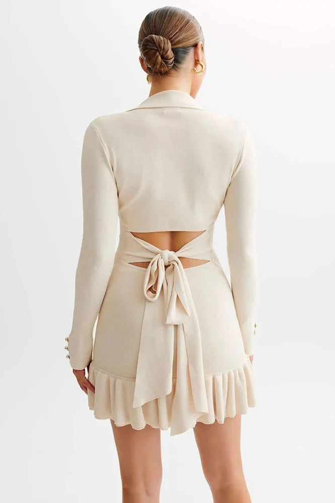 Long Sleeve V Neck Pearl Mini Dress