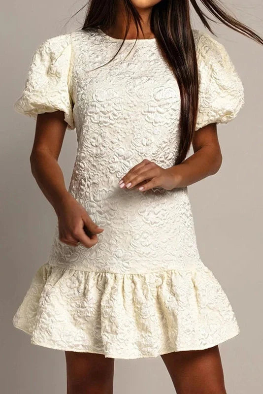 Pleated Loose O-Neck Short Sleeve High Waist Mini Dress