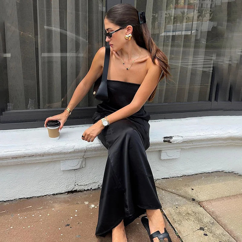 Strapless Sleeveless Backless Patchwork High-Waisted Maxi Dress