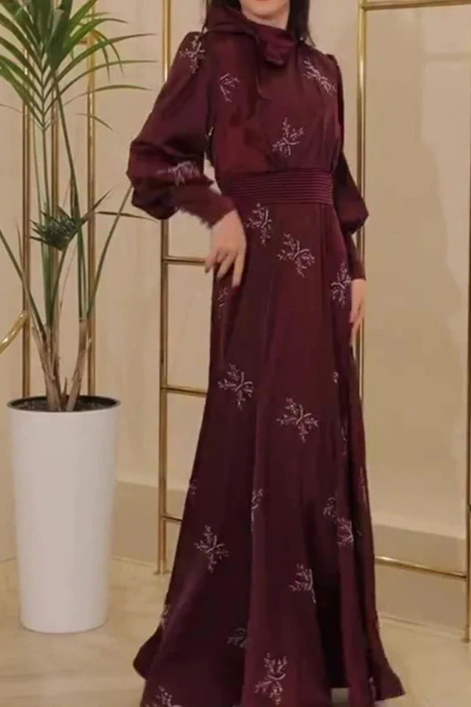Elegant Printed Pleated High Waist Long Sleeve Slim Maxi Dress