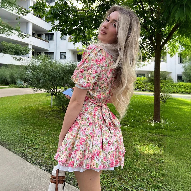 V Neck Printed Short Sleeve Lace Up Mini Dress