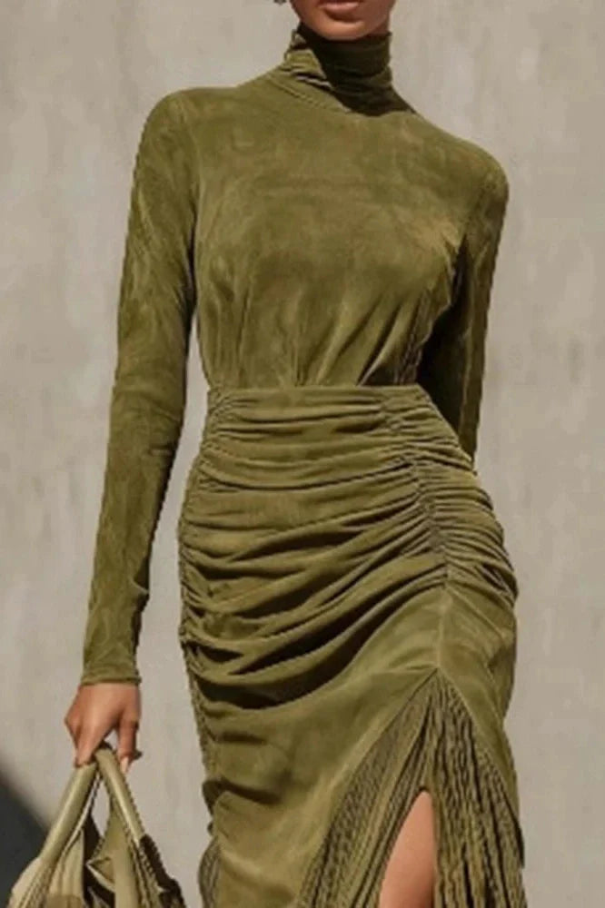 Long Sleeve Turtleneck Fit High Waist Midi Dress