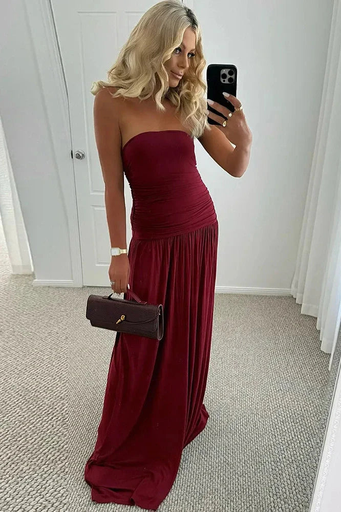 Off-Shoulder Strapless Pleated Sleeveless High Waist Maxi Dress