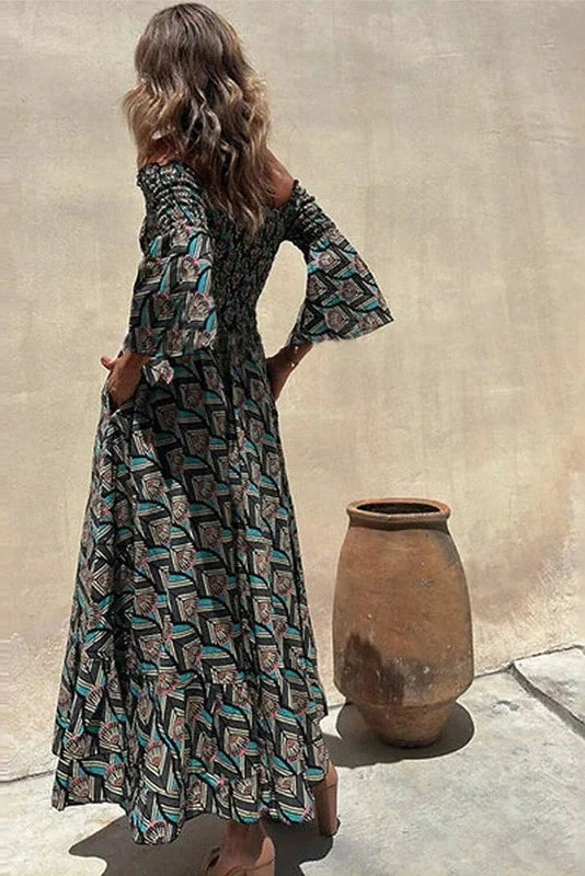 Printed Long Sleeve High Waist Pleated Midi Dress