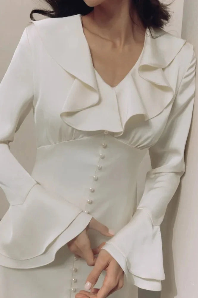 Elegant V Neck Slim Long Sleeve High Waist Midi Dress