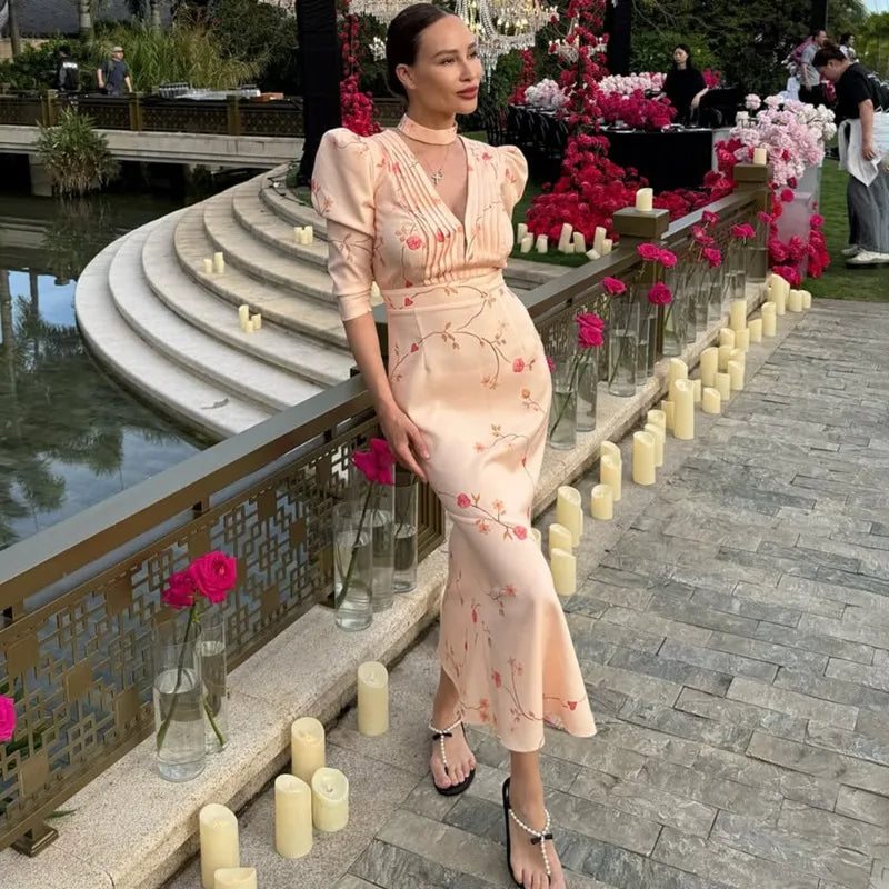 Print Pleated V-Neck Puff Sleeve Maxi Dress