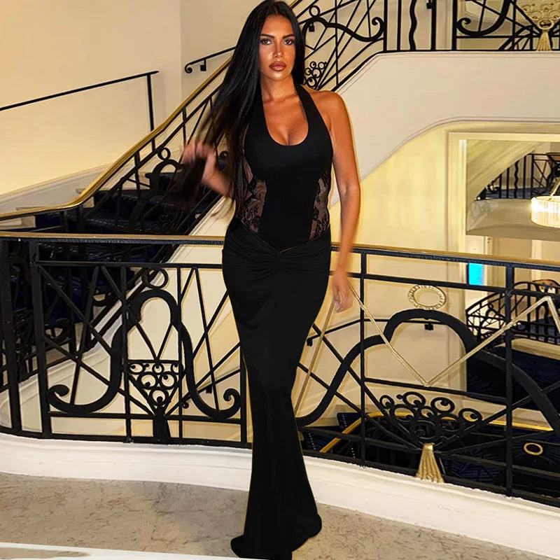 Halter Neck Lace Patchwork Hollow Out Maxi Dress