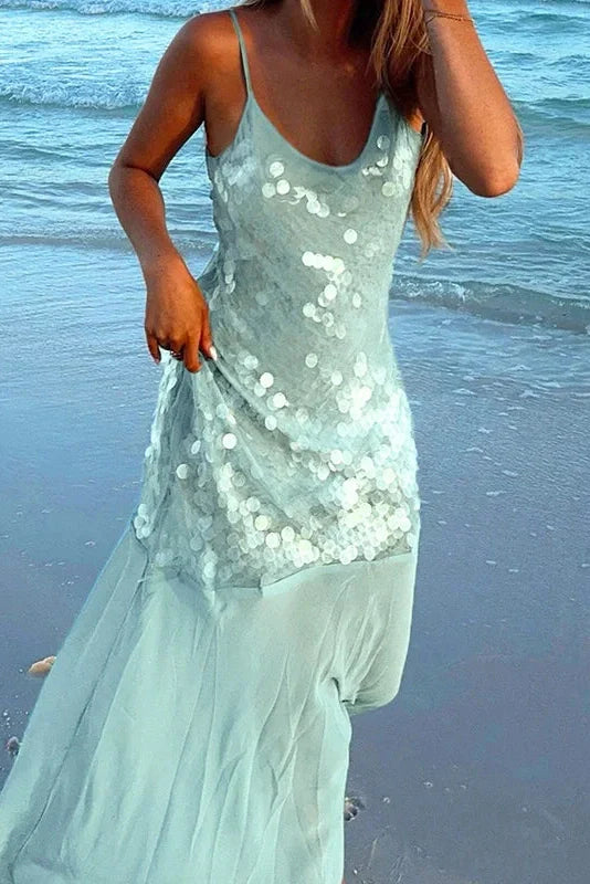 U Neck Backless Sleeveless High Waist Maxi Dress