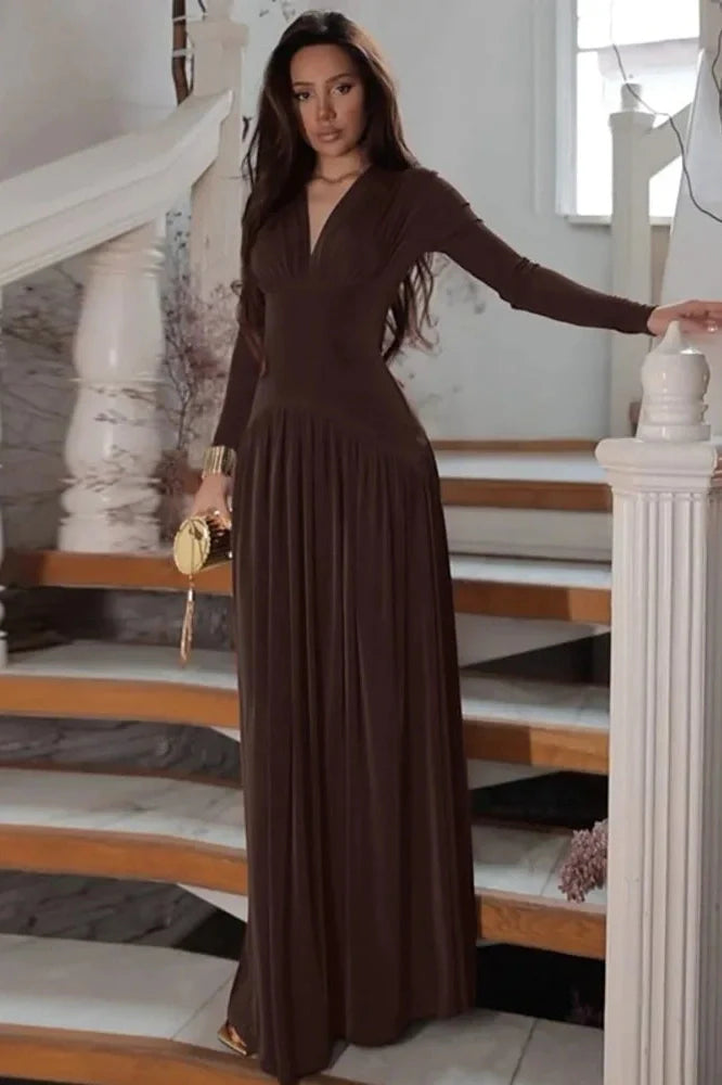 Long Sleeve V Neck High Waist Slim Pleated Maxi Dress