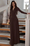 Long Sleeve V Neck High Waist Slim Pleated Maxi Dress