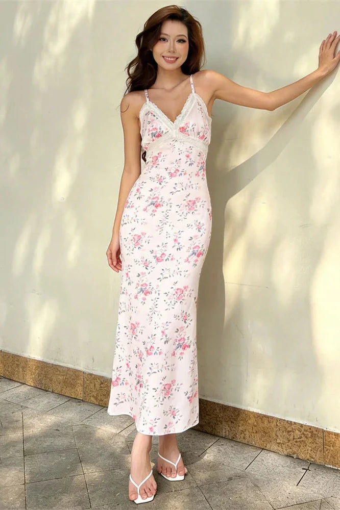 Lace Printed Backless High Waist Slim V-Neck Maxi Dress