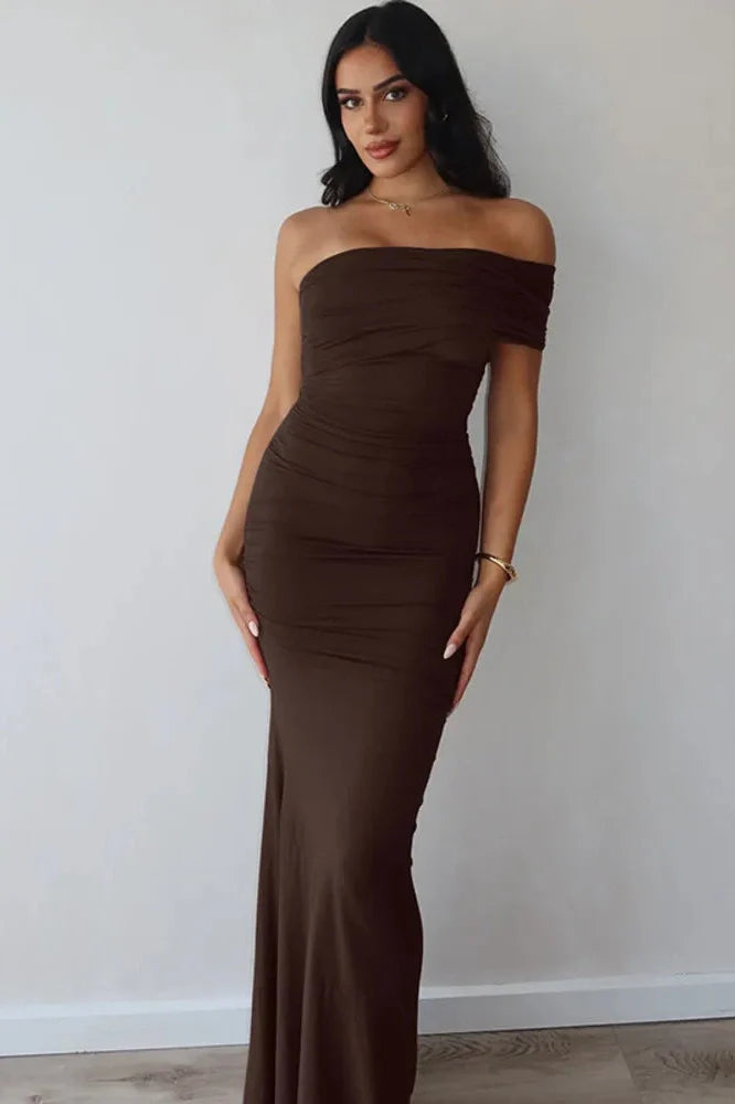 Oblique Shoulder Split Sleeveless Slim Fit Maxi Dress