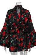 Printed Patchwork Long Sleeve Lace-Up V-Neck Mini Dress
