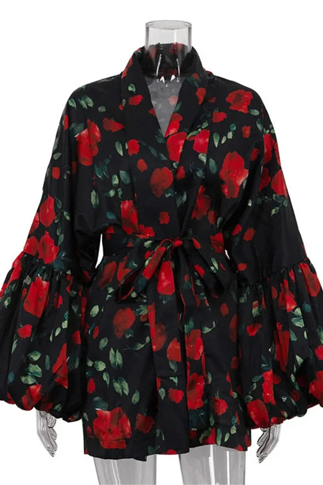 Printed Patchwork Long Sleeve Lace-Up V-Neck Mini Dress