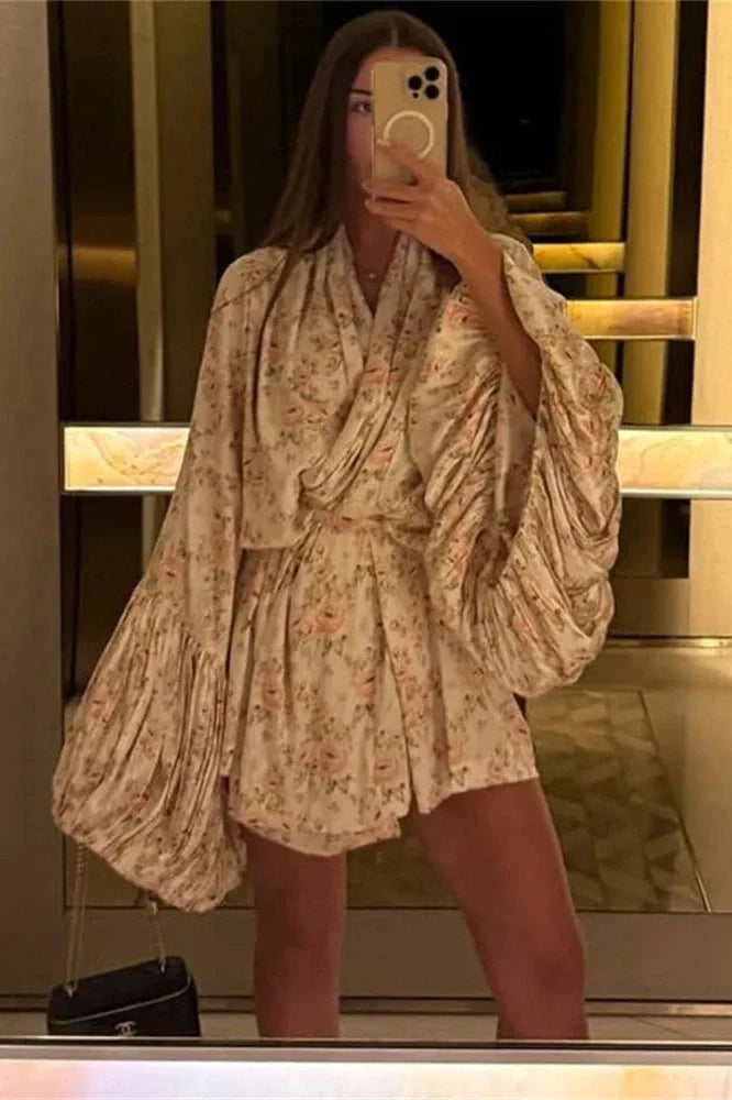 Printed V-Neck Lace-Up Patchwork Loose Mini Dress